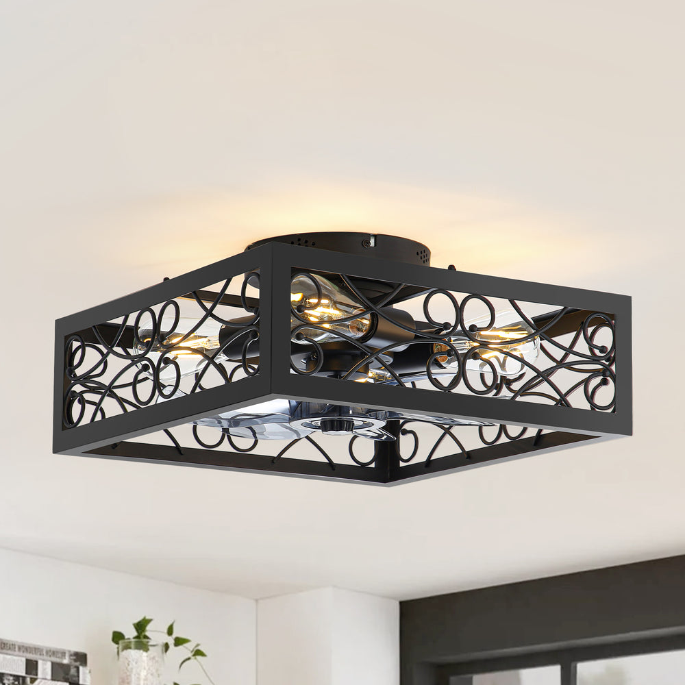 15.7 inch Caged Flush Mount Ceiling Fans with Lights and Remote, Modern Square Low Profile Ceiling Fan, Small Farmhouse Bladeless Ceiling Fan for Bedroom, Kitchen, Indoor