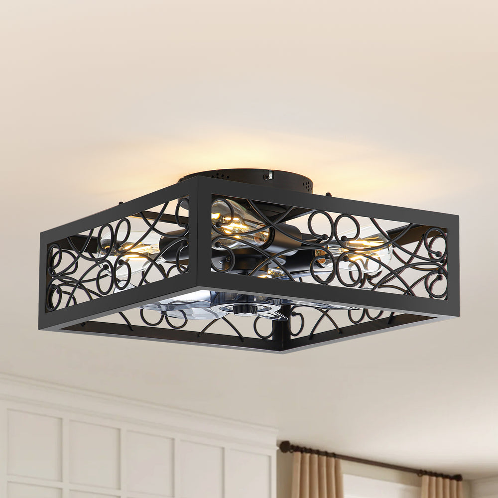15.7 inch Caged Flush Mount Ceiling Fans with Lights and Remote, Modern Square Low Profile Ceiling Fan, Small Farmhouse Bladeless Ceiling Fan for Bedroom, Kitchen, Indoor