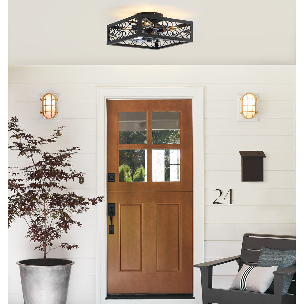 15.7 inch Caged Flush Mount Ceiling Fans with Lights and Remote, Modern Square Low Profile Ceiling Fan, Small Farmhouse Bladeless Ceiling Fan for Bedroom, Kitchen, Indoor