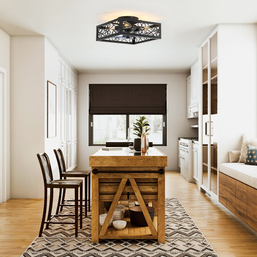 15.7 inch Caged Flush Mount Ceiling Fans with Lights and Remote, Modern Square Low Profile Ceiling Fan, Small Farmhouse Bladeless Ceiling Fan for Bedroom, Kitchen, Indoor