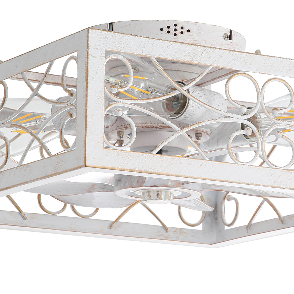 15.7 inch Caged Flush Mount Ceiling Fans with Lights and Remote, Modern Square Low Profile Ceiling Fan, Small Farmhouse Bladeless Ceiling Fan for Bedroom, Kitchen, Indoor