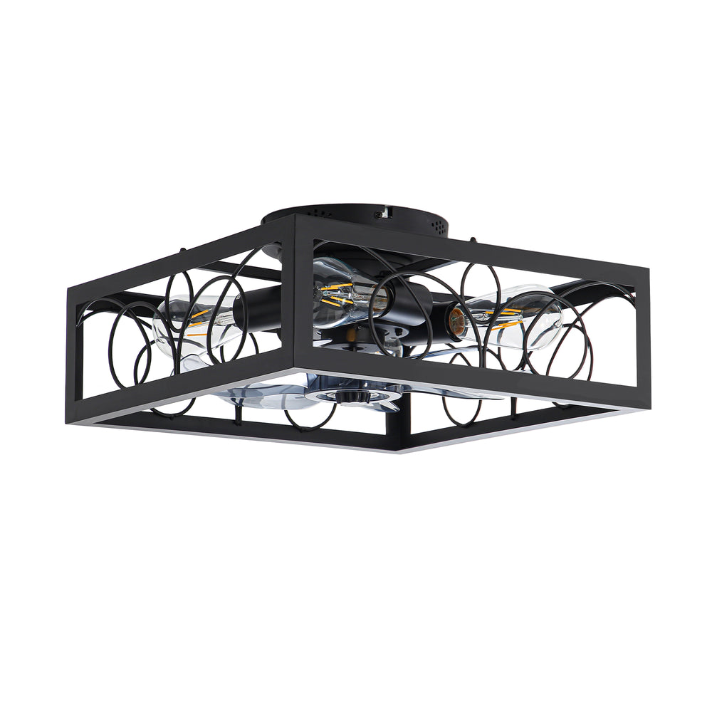 15.8 inch Caged Flush Mount Ceiling Fans with Lights and Remote, Modern Square Low Profile Ceiling Fan, Small Farmhouse Bladeless Ceiling Fan for Bedroom, Kitchen, Indoor