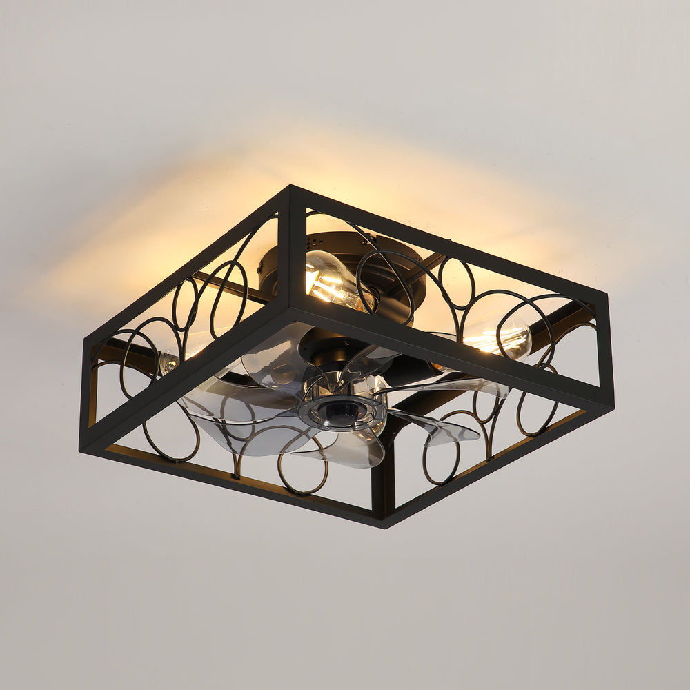15.8 inch Caged Flush Mount Ceiling Fans with Lights and Remote, Modern Square Low Profile Ceiling Fan, Small Farmhouse Bladeless Ceiling Fan for Bedroom, Kitchen, Indoor