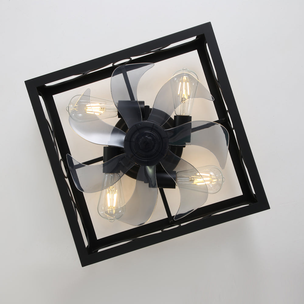 15.8 inch Caged Flush Mount Ceiling Fans with Lights and Remote, Modern Square Low Profile Ceiling Fan, Small Farmhouse Bladeless Ceiling Fan for Bedroom, Kitchen, Indoor