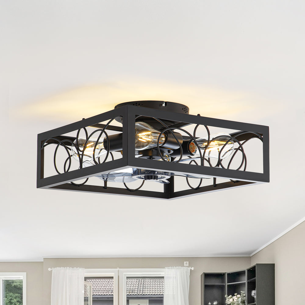 15.8 inch Caged Flush Mount Ceiling Fans with Lights and Remote, Modern Square Low Profile Ceiling Fan, Small Farmhouse Bladeless Ceiling Fan for Bedroom, Kitchen, Indoor