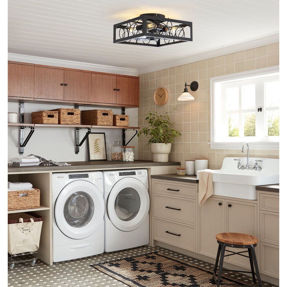 15.8 inch Caged Flush Mount Ceiling Fans with Lights and Remote, Modern Square Low Profile Ceiling Fan, Small Farmhouse Bladeless Ceiling Fan for Bedroom, Kitchen, Indoor