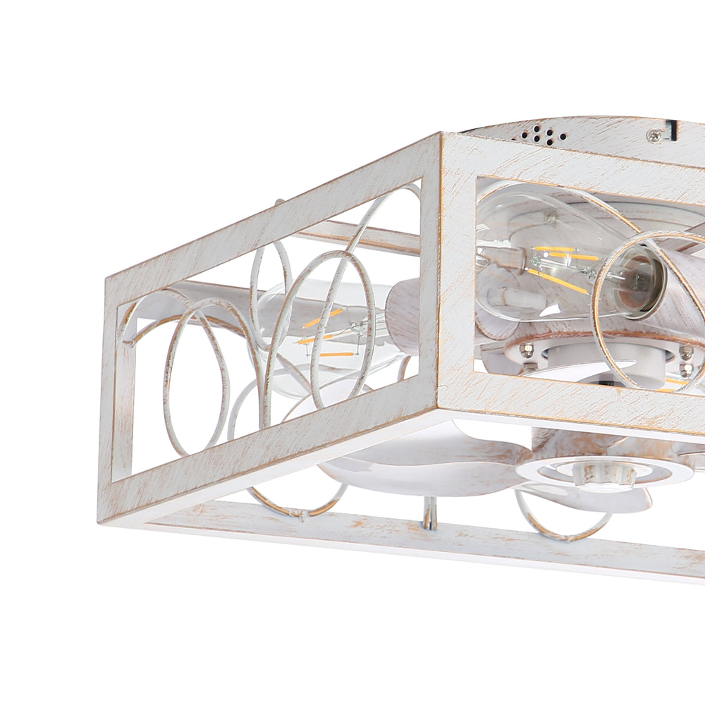 15.8 inch Caged Flush Mount Ceiling Fans with Lights and Remote, Modern Square Low Profile Ceiling Fan, Small Farmhouse Bladeless Ceiling Fan for Bedroom, Kitchen, Indoor