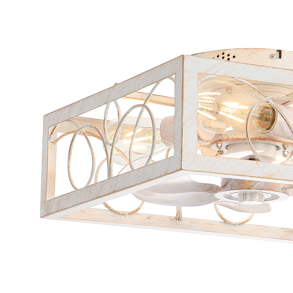 15.8 inch Caged Flush Mount Ceiling Fans with Lights and Remote, Modern Square Low Profile Ceiling Fan, Small Farmhouse Bladeless Ceiling Fan for Bedroom, Kitchen, Indoor