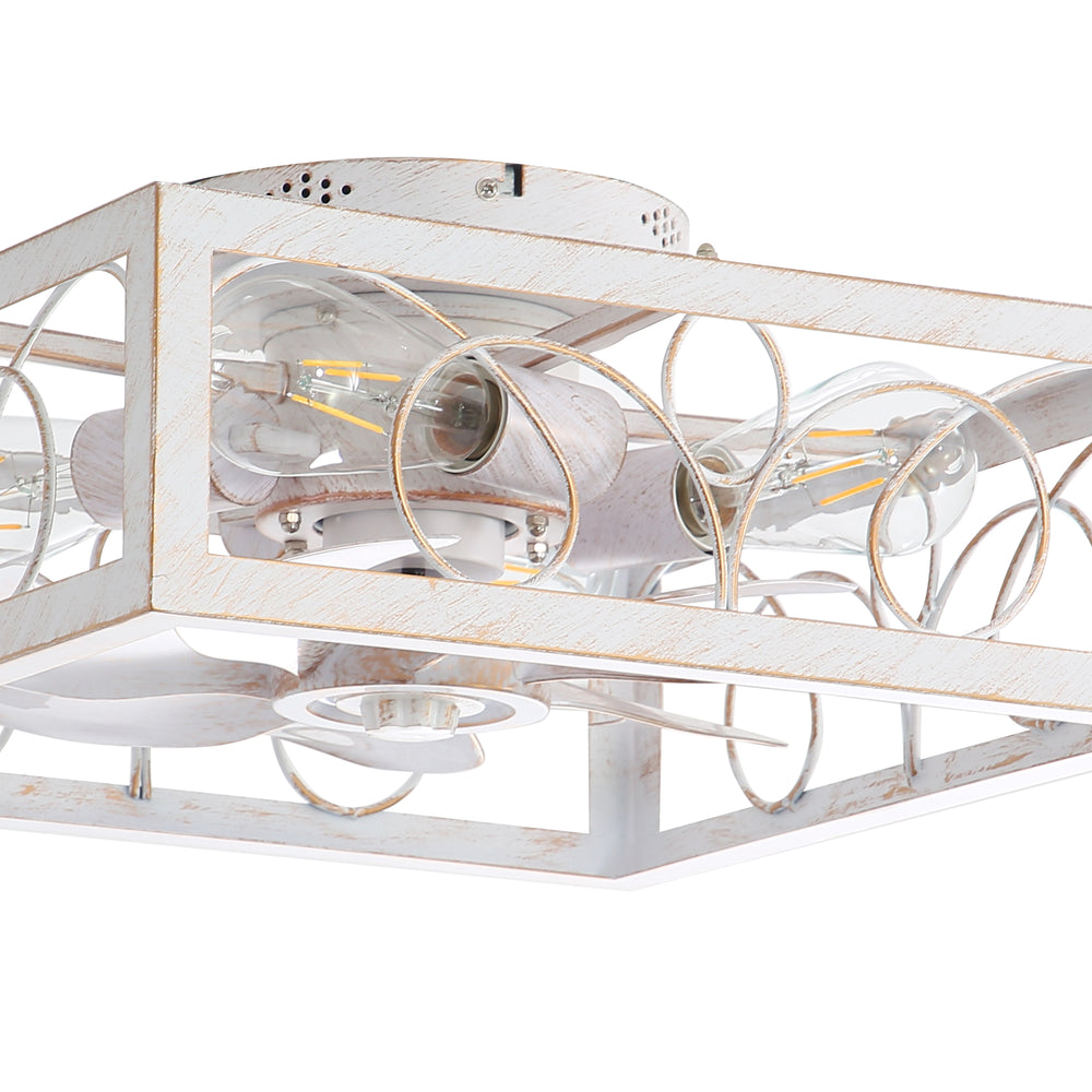 15.8 inch Caged Flush Mount Ceiling Fans with Lights and Remote, Modern Square Low Profile Ceiling Fan, Small Farmhouse Bladeless Ceiling Fan for Bedroom, Kitchen, Indoor