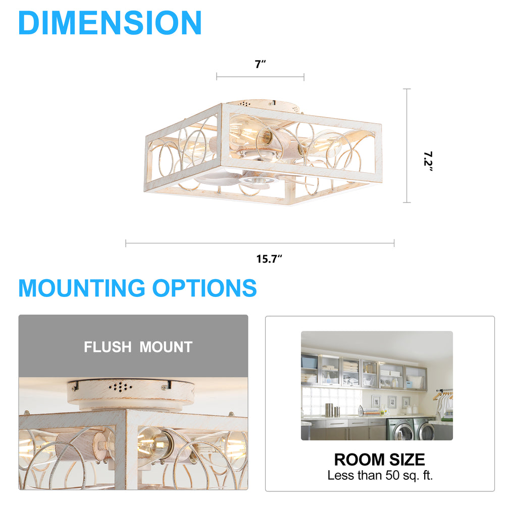 15.8 inch Caged Flush Mount Ceiling Fans with Lights and Remote, Modern Square Low Profile Ceiling Fan, Small Farmhouse Bladeless Ceiling Fan for Bedroom, Kitchen, Indoor