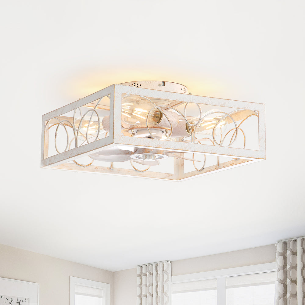15.8 inch Caged Flush Mount Ceiling Fans with Lights and Remote, Modern Square Low Profile Ceiling Fan, Small Farmhouse Bladeless Ceiling Fan for Bedroom, Kitchen, Indoor