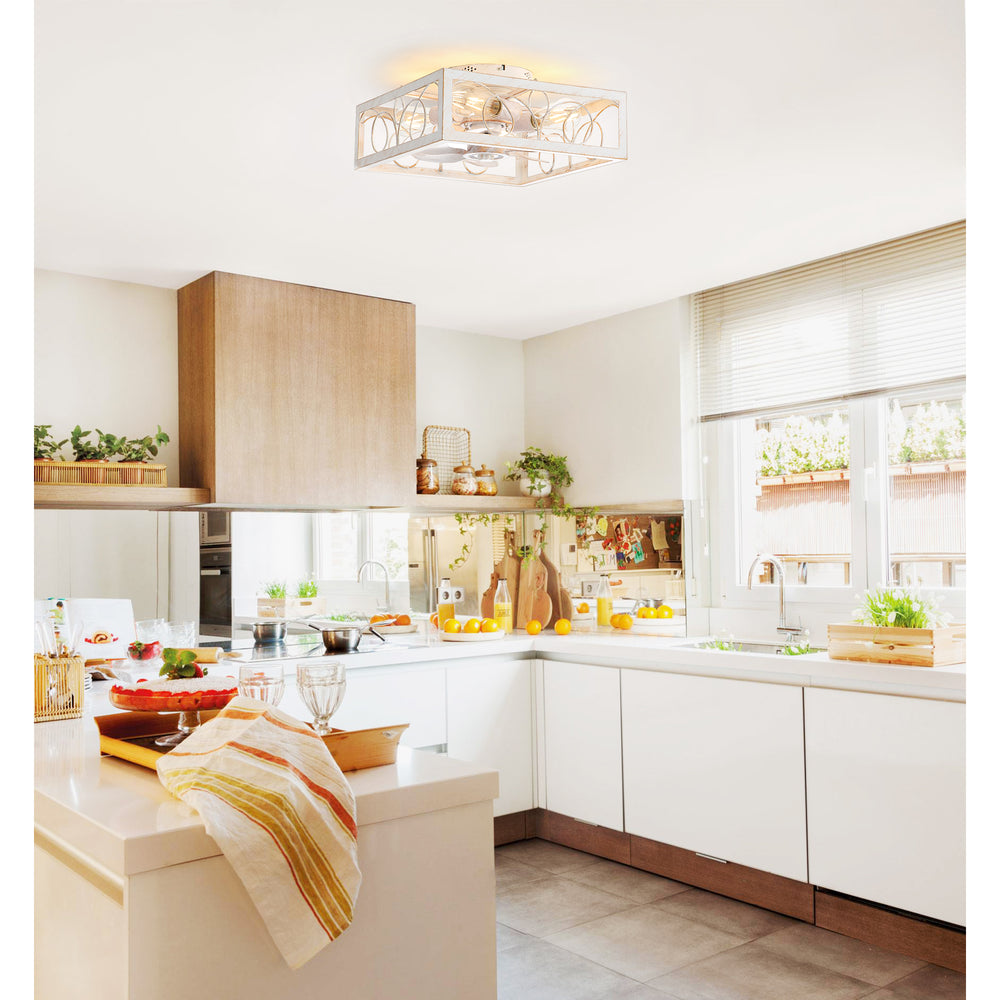 15.8 inch Caged Flush Mount Ceiling Fans with Lights and Remote, Modern Square Low Profile Ceiling Fan, Small Farmhouse Bladeless Ceiling Fan for Bedroom, Kitchen, Indoor