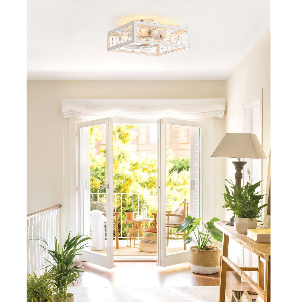 15.8 inch Caged Flush Mount Ceiling Fans with Lights and Remote, Modern Square Low Profile Ceiling Fan, Small Farmhouse Bladeless Ceiling Fan for Bedroom, Kitchen, Indoor