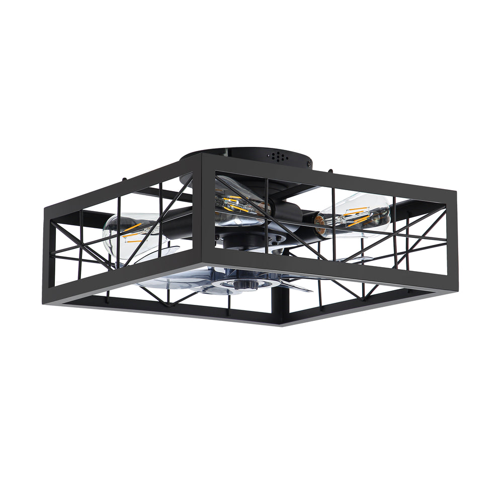 15.8 inch Caged Flush Mount Ceiling Fans with Lights and Remote, Modern Square Low Profile Ceiling Fan, Small Farmhouse Bladeless Ceiling Fan for Bedroom, Kitchen, Indoor
