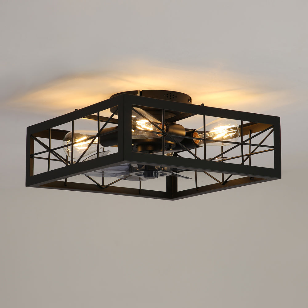 15.8 inch Caged Flush Mount Ceiling Fans with Lights and Remote, Modern Square Low Profile Ceiling Fan, Small Farmhouse Bladeless Ceiling Fan for Bedroom, Kitchen, Indoor