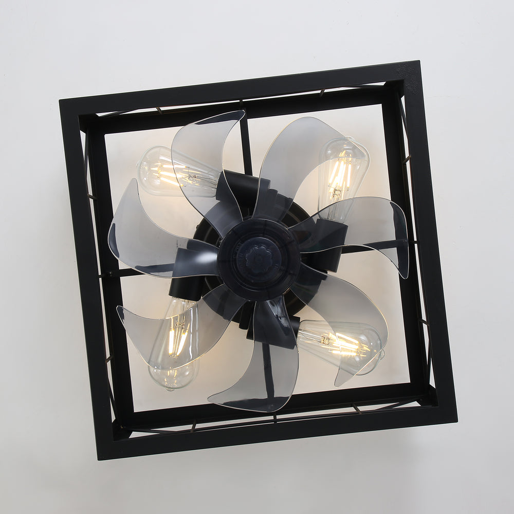 15.8 inch Caged Flush Mount Ceiling Fans with Lights and Remote, Modern Square Low Profile Ceiling Fan, Small Farmhouse Bladeless Ceiling Fan for Bedroom, Kitchen, Indoor