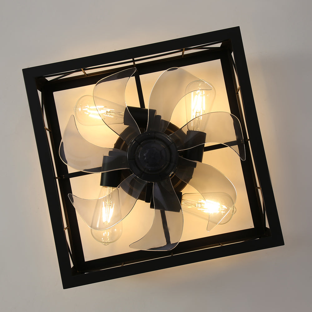 15.8 inch Caged Flush Mount Ceiling Fans with Lights and Remote, Modern Square Low Profile Ceiling Fan, Small Farmhouse Bladeless Ceiling Fan for Bedroom, Kitchen, Indoor