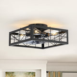 15.8 inch Caged Flush Mount Ceiling Fans with Lights and Remote, Modern Square Low Profile Ceiling Fan, Small Farmhouse Bladeless Ceiling Fan for Bedroom, Kitchen, Indoor