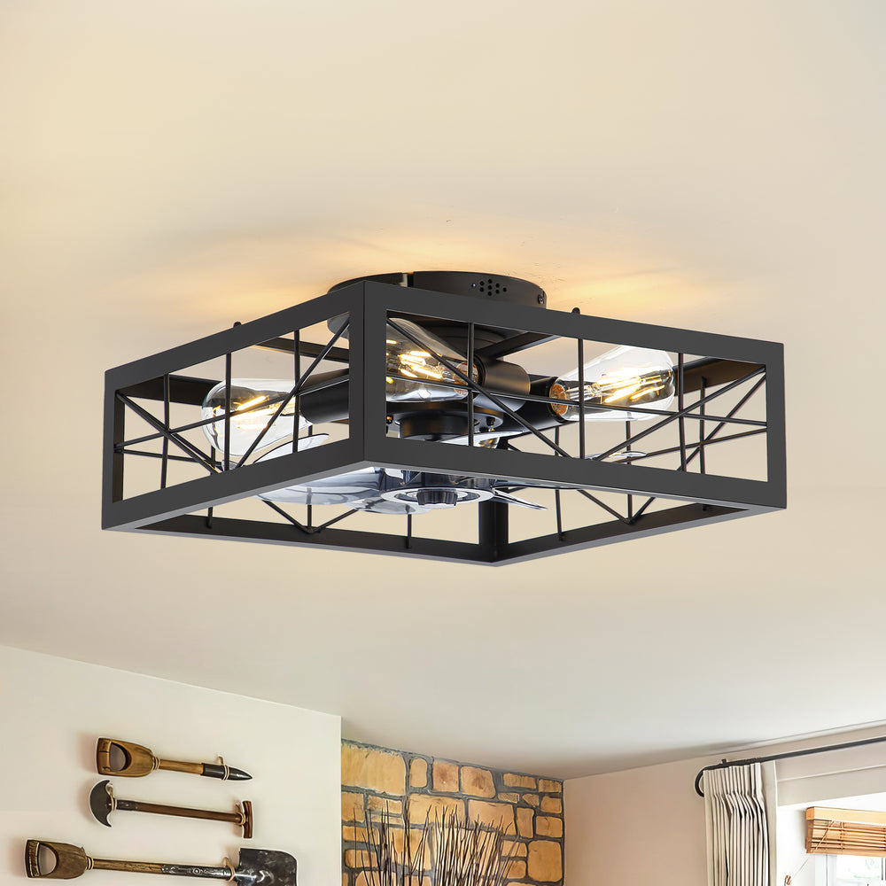 15.8 inch Caged Flush Mount Ceiling Fans with Lights and Remote, Modern Square Low Profile Ceiling Fan, Small Farmhouse Bladeless Ceiling Fan for Bedroom, Kitchen, Indoor