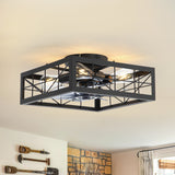 15.8 inch Caged Flush Mount Ceiling Fans with Lights and Remote, Modern Square Low Profile Ceiling Fan, Small Farmhouse Bladeless Ceiling Fan for Bedroom, Kitchen, Indoor