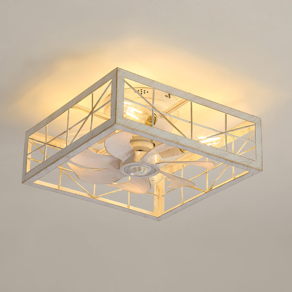 15.8 inch Caged Flush Mount Ceiling Fans with Lights and Remote, Modern Square Low Profile Ceiling Fan, Small Farmhouse Bladeless Ceiling Fan for Bedroom, Kitchen, Indoor