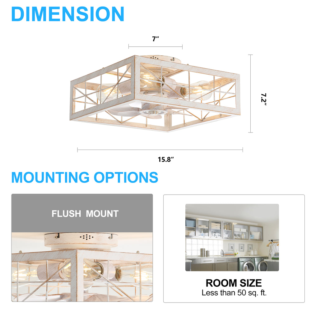 15.8 inch Caged Flush Mount Ceiling Fans with Lights and Remote, Modern Square Low Profile Ceiling Fan, Small Farmhouse Bladeless Ceiling Fan for Bedroom, Kitchen, Indoor