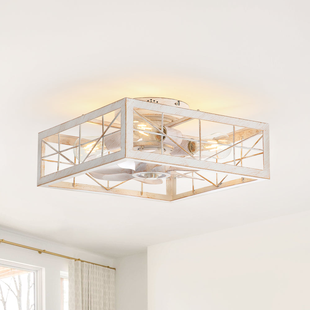 15.8 inch Caged Flush Mount Ceiling Fans with Lights and Remote, Modern Square Low Profile Ceiling Fan, Small Farmhouse Bladeless Ceiling Fan for Bedroom, Kitchen, Indoor
