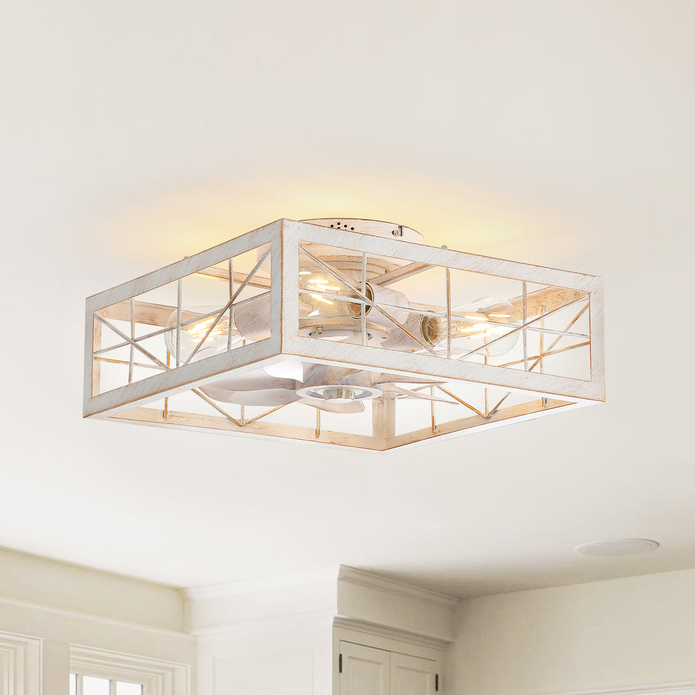 15.8 inch Caged Flush Mount Ceiling Fans with Lights and Remote, Modern Square Low Profile Ceiling Fan, Small Farmhouse Bladeless Ceiling Fan for Bedroom, Kitchen, Indoor