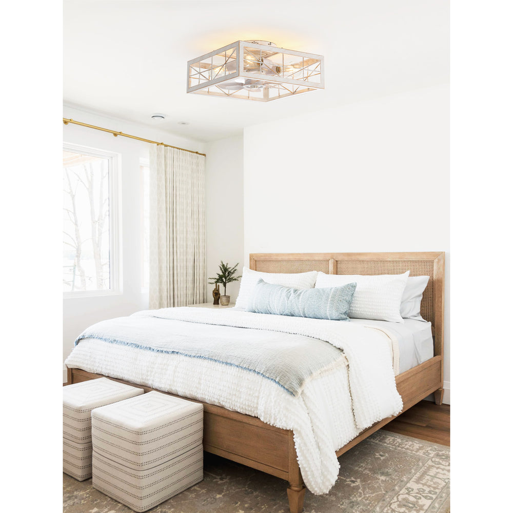 15.8 inch Caged Flush Mount Ceiling Fans with Lights and Remote, Modern Square Low Profile Ceiling Fan, Small Farmhouse Bladeless Ceiling Fan for Bedroom, Kitchen, Indoor