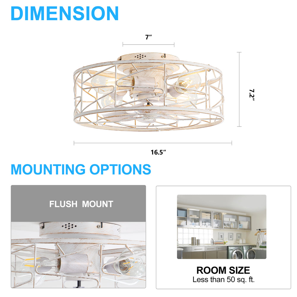 16.5-in Vintage Distressed White  Flush Mount Caged Ceiling Fan with Remote and Light