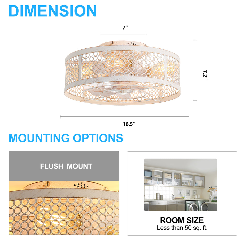 12.5 Inch Flush Mount Caged Ceiling Fan with Light and Remote, DC Motor, 6-Speed, Timer, Modern Low Profile Enclosed Ceiling Fan for Bedroom, Bulbs Not Included
