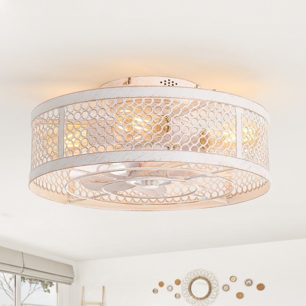 12.5 Inch Flush Mount Caged Ceiling Fan with Light and Remote, DC Motor, 6-Speed, Timer, Modern Low Profile Enclosed Ceiling Fan for Bedroom, Bulbs Not Included