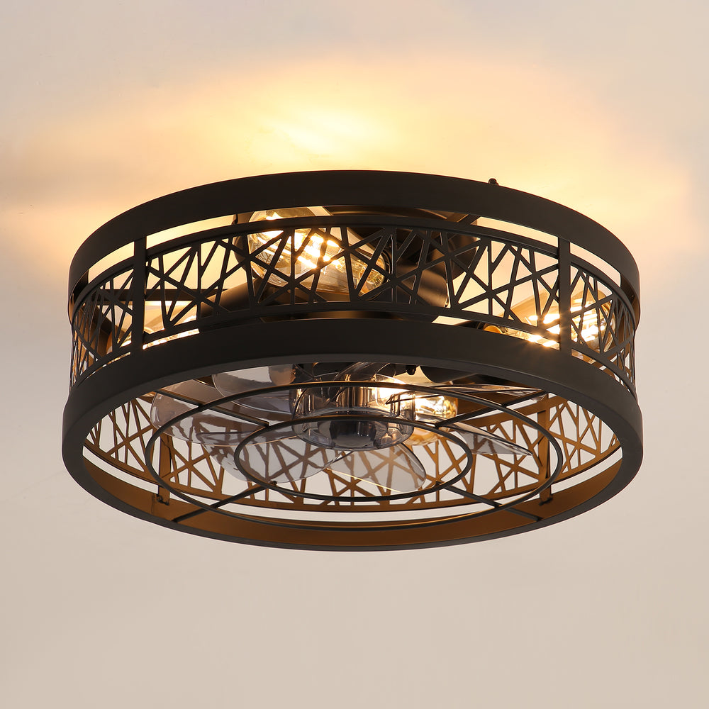 16.5" White Caged Ceiling Fans with Lights, Low Profile Ceiling Fan with Remote and Reversible Fan Blades, Farmhouse Chandelier Fan for Bedroom, Kitchen, Living Room