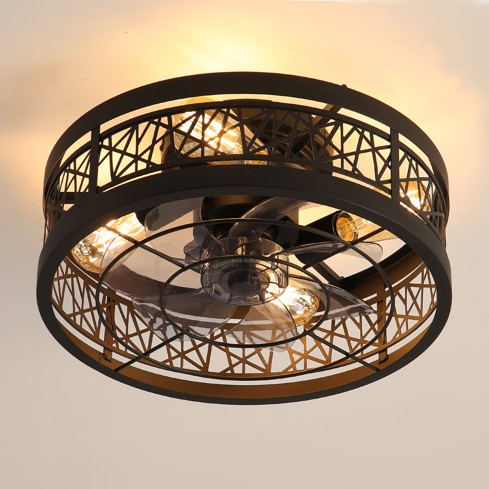16.5" White Caged Ceiling Fans with Lights, Low Profile Ceiling Fan with Remote and Reversible Fan Blades, Farmhouse Chandelier Fan for Bedroom, Kitchen, Living Room