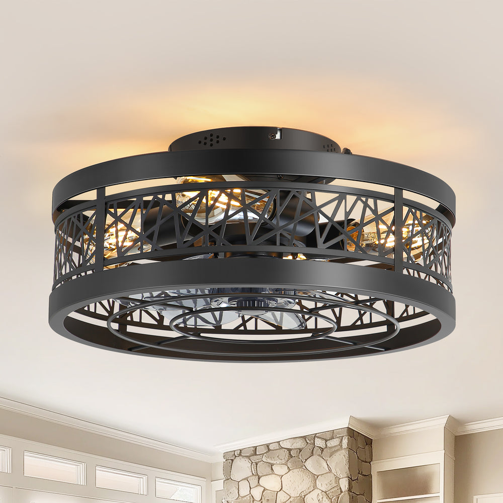 16.5" White Caged Ceiling Fans with Lights, Low Profile Ceiling Fan with Remote and Reversible Fan Blades, Farmhouse Chandelier Fan for Bedroom, Kitchen, Living Room