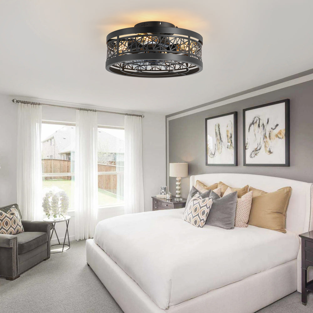 16.5" White Caged Ceiling Fans with Lights, Low Profile Ceiling Fan with Remote and Reversible Fan Blades, Farmhouse Chandelier Fan for Bedroom, Kitchen, Living Room