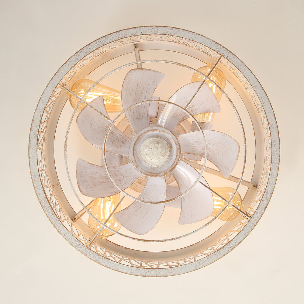 16.5" White Caged Ceiling Fans with Lights, Low Profile Ceiling Fan with Remote and Reversible Fan Blades, Farmhouse Chandelier Fan for Bedroom, Kitchen, Living Room