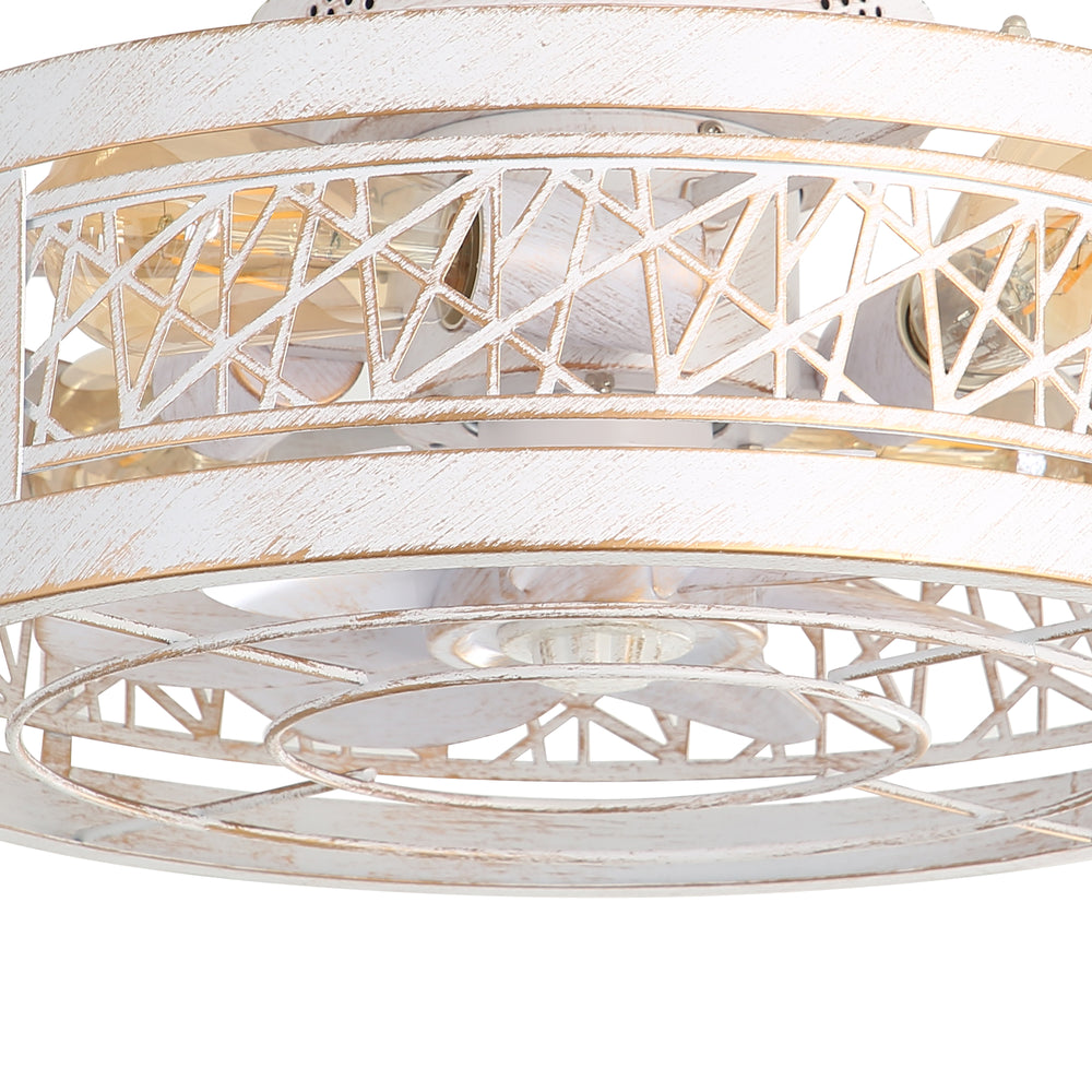 16.5" White Caged Ceiling Fans with Lights, Low Profile Ceiling Fan with Remote and Reversible Fan Blades, Farmhouse Chandelier Fan for Bedroom, Kitchen, Living Room