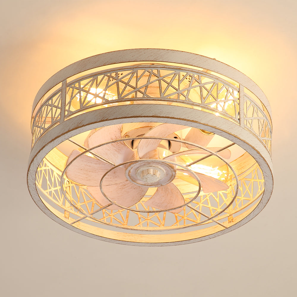 16.5" White Caged Ceiling Fans with Lights, Low Profile Ceiling Fan with Remote and Reversible Fan Blades, Farmhouse Chandelier Fan for Bedroom, Kitchen, Living Room