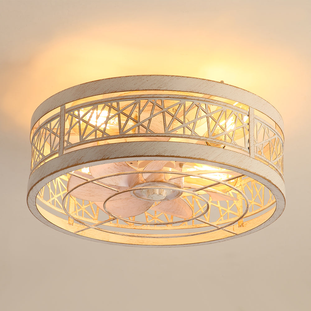 16.5" White Caged Ceiling Fans with Lights, Low Profile Ceiling Fan with Remote and Reversible Fan Blades, Farmhouse Chandelier Fan for Bedroom, Kitchen, Living Room