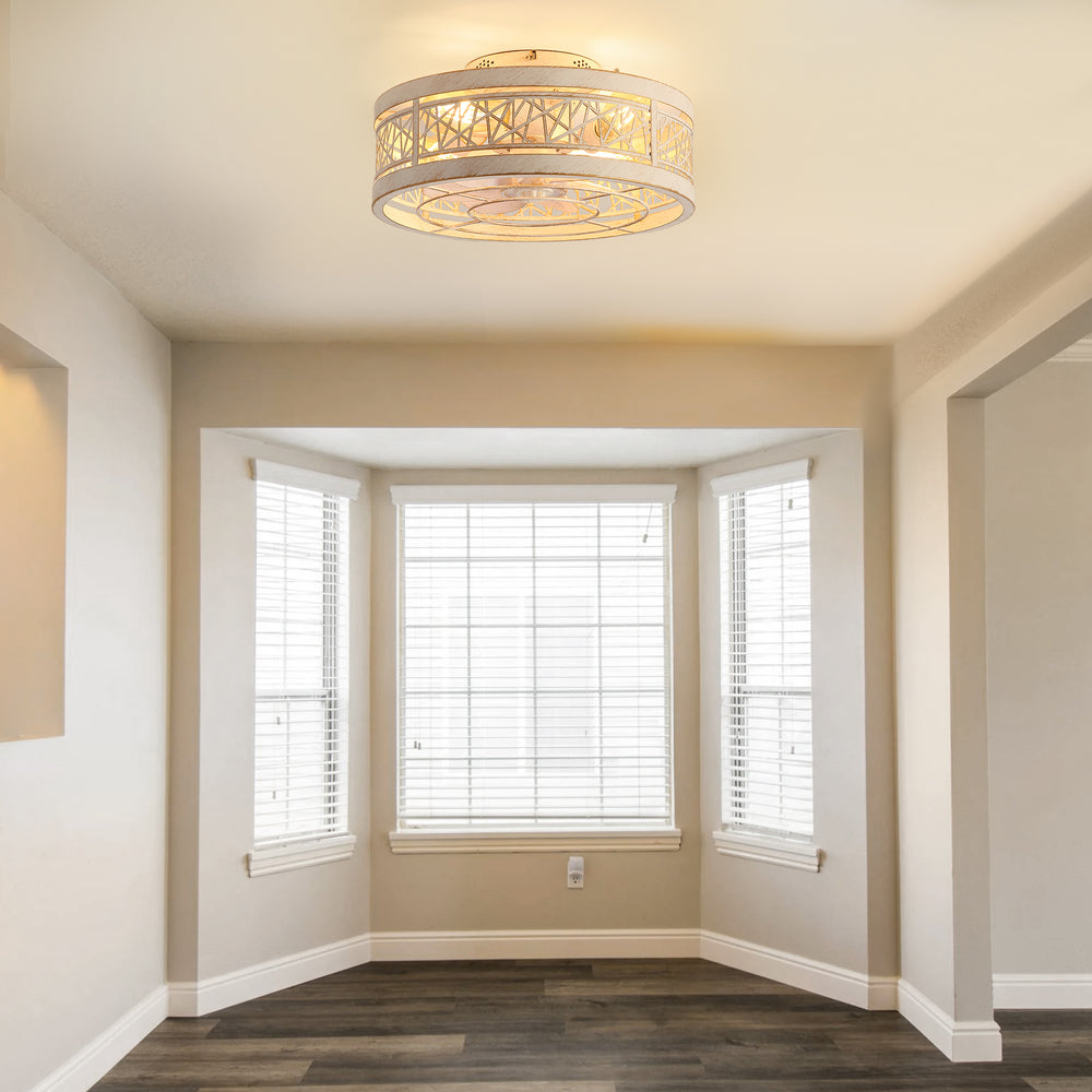 16.5" White Caged Ceiling Fans with Lights, Low Profile Ceiling Fan with Remote and Reversible Fan Blades, Farmhouse Chandelier Fan for Bedroom, Kitchen, Living Room