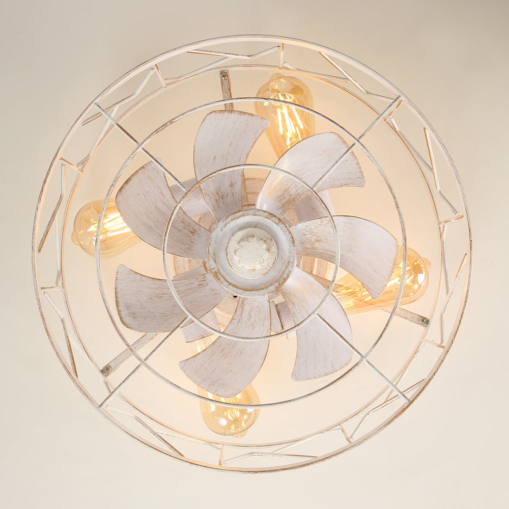16.5" Caged Ceiling Fans with Lights and Remote, Small Low Profile Ceiling Fan with Light, Farmhouse Flush Mount White Ceiling Fan for Bedroom, Kitchen, Living Room