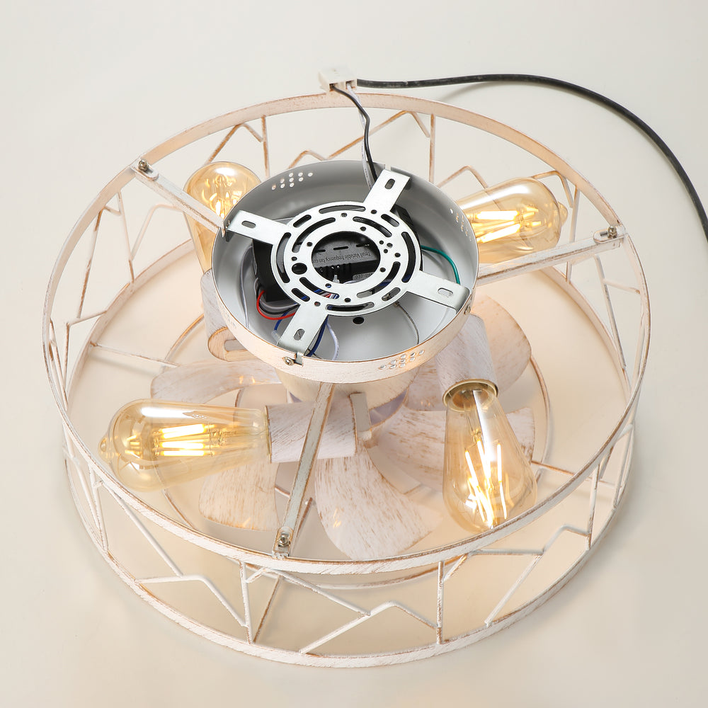 16.5" Caged Ceiling Fans with Lights and Remote, Small Low Profile Ceiling Fan with Light, Farmhouse Flush Mount White Ceiling Fan for Bedroom, Kitchen, Living Room
