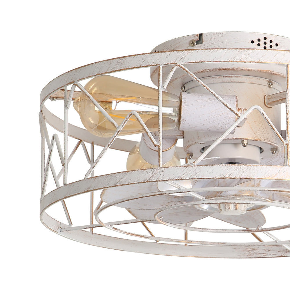 16.5" Caged Ceiling Fans with Lights and Remote, Small Low Profile Ceiling Fan with Light, Farmhouse Flush Mount White Ceiling Fan for Bedroom, Kitchen, Living Room