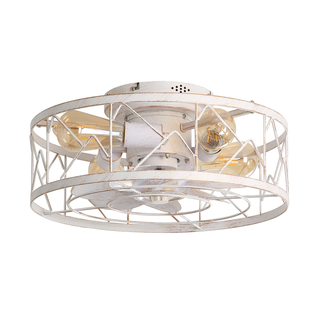 16.5" Caged Ceiling Fans with Lights and Remote, Small Low Profile Ceiling Fan with Light, Farmhouse Flush Mount White Ceiling Fan for Bedroom, Kitchen, Living Room