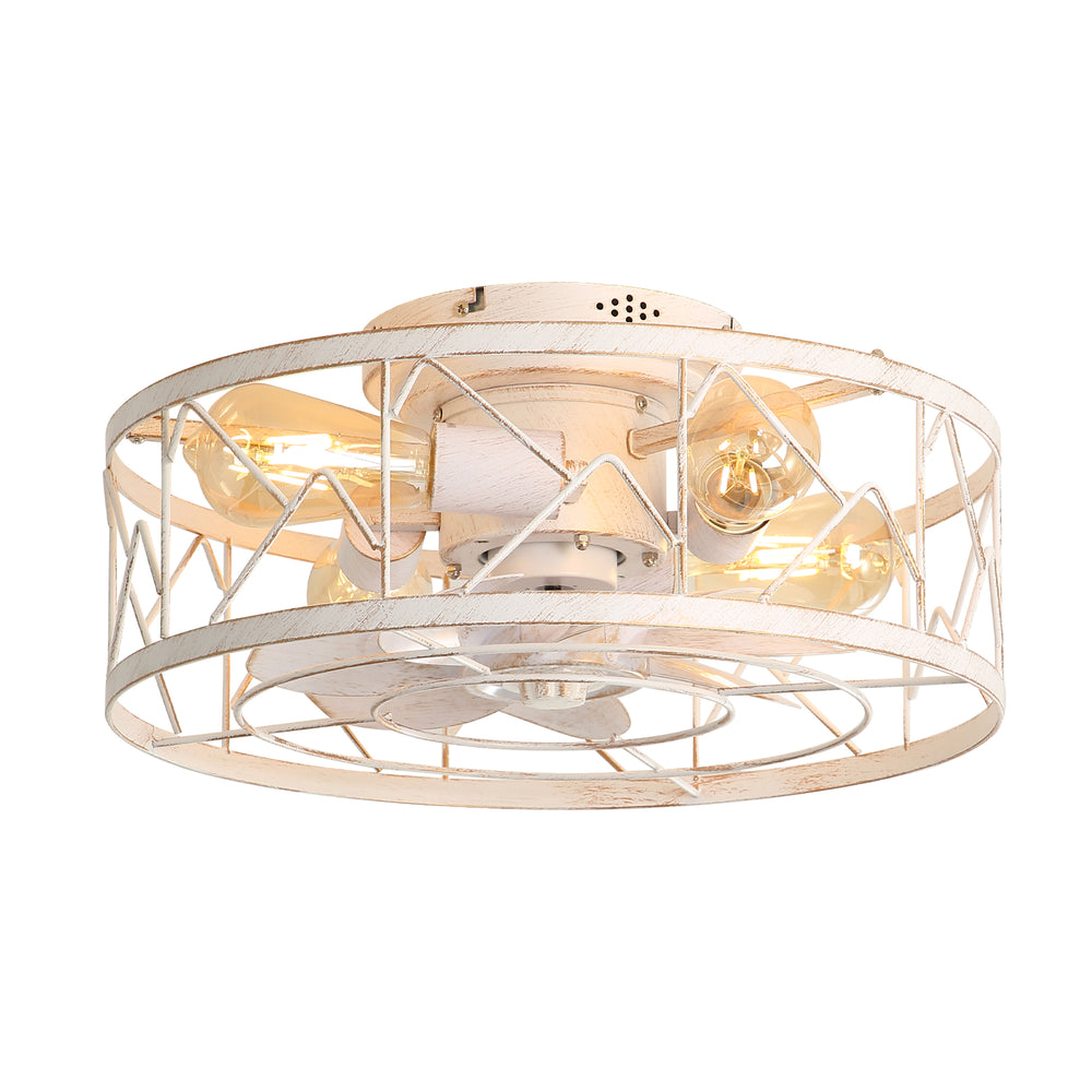 16.5" Caged Ceiling Fans with Lights and Remote, Small Low Profile Ceiling Fan with Light, Farmhouse Flush Mount White Ceiling Fan for Bedroom, Kitchen, Living Room