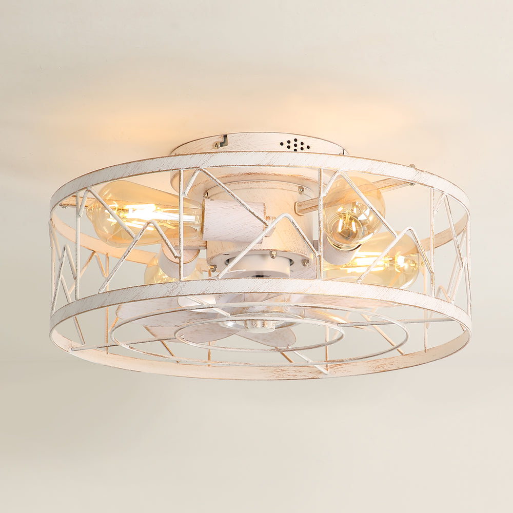 16.5" Caged Ceiling Fans with Lights and Remote, Small Low Profile Ceiling Fan with Light, Farmhouse Flush Mount White Ceiling Fan for Bedroom, Kitchen, Living Room