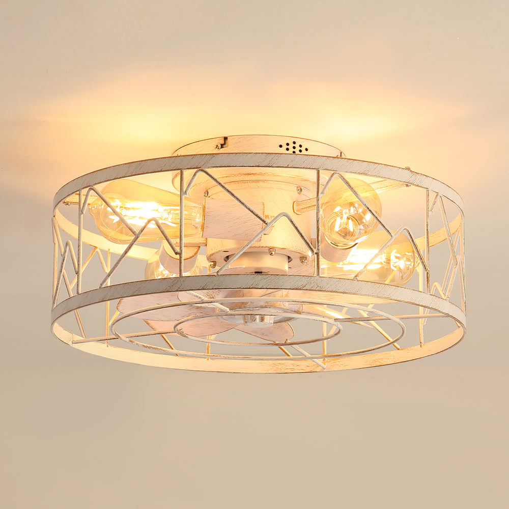 16.5" Caged Ceiling Fans with Lights and Remote, Small Low Profile Ceiling Fan with Light, Farmhouse Flush Mount White Ceiling Fan for Bedroom, Kitchen, Living Room