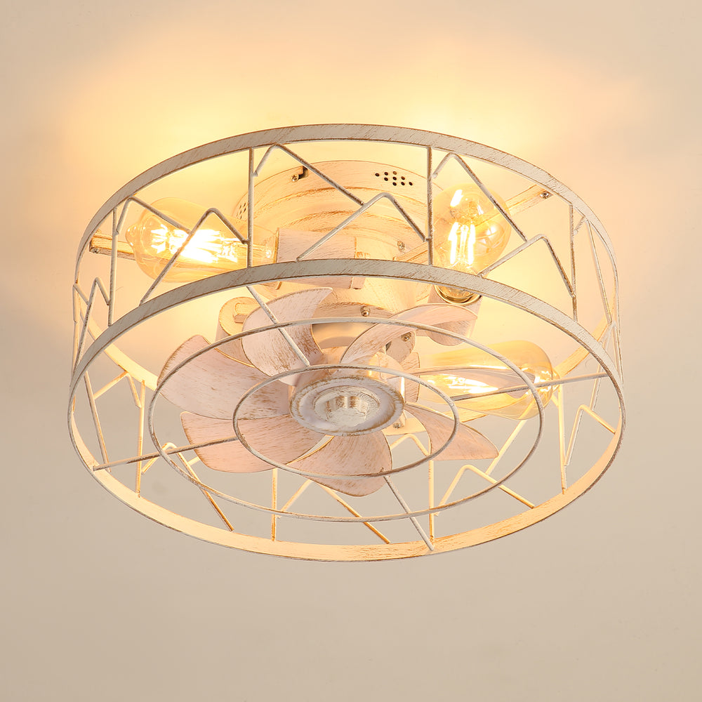 16.5" Caged Ceiling Fans with Lights and Remote, Small Low Profile Ceiling Fan with Light, Farmhouse Flush Mount White Ceiling Fan for Bedroom, Kitchen, Living Room