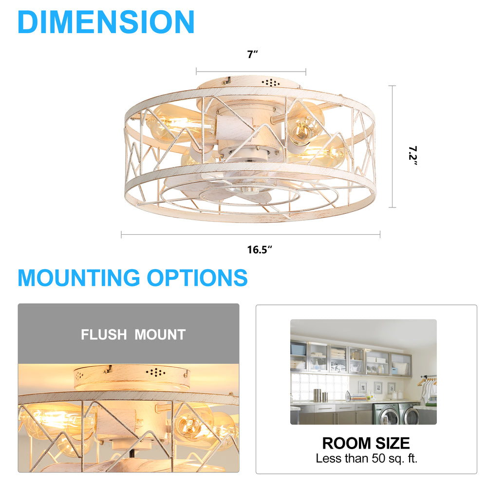 16.5" Caged Ceiling Fans with Lights and Remote, Small Low Profile Ceiling Fan with Light, Farmhouse Flush Mount White Ceiling Fan for Bedroom, Kitchen, Living Room